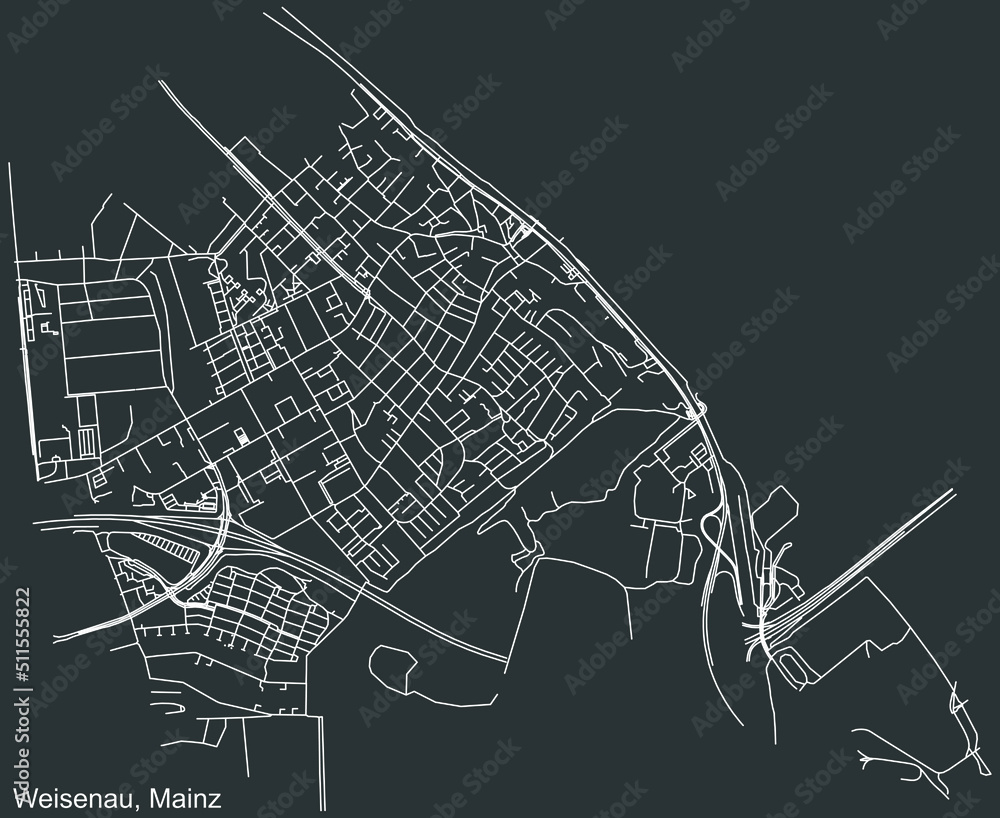Detailed negative navigation white lines urban street roads map of the WEISENAU DISTRICT of the German regional capital city of Mainz, Germany on dark gray background
