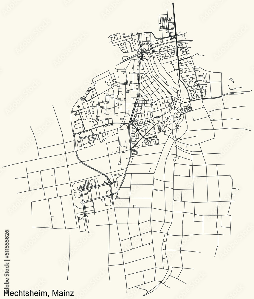 Detailed navigation black lines urban street roads map of the HECHTSHEIM DISTRICT of the German regional capital city of Mainz, Germany on vintage beige background
