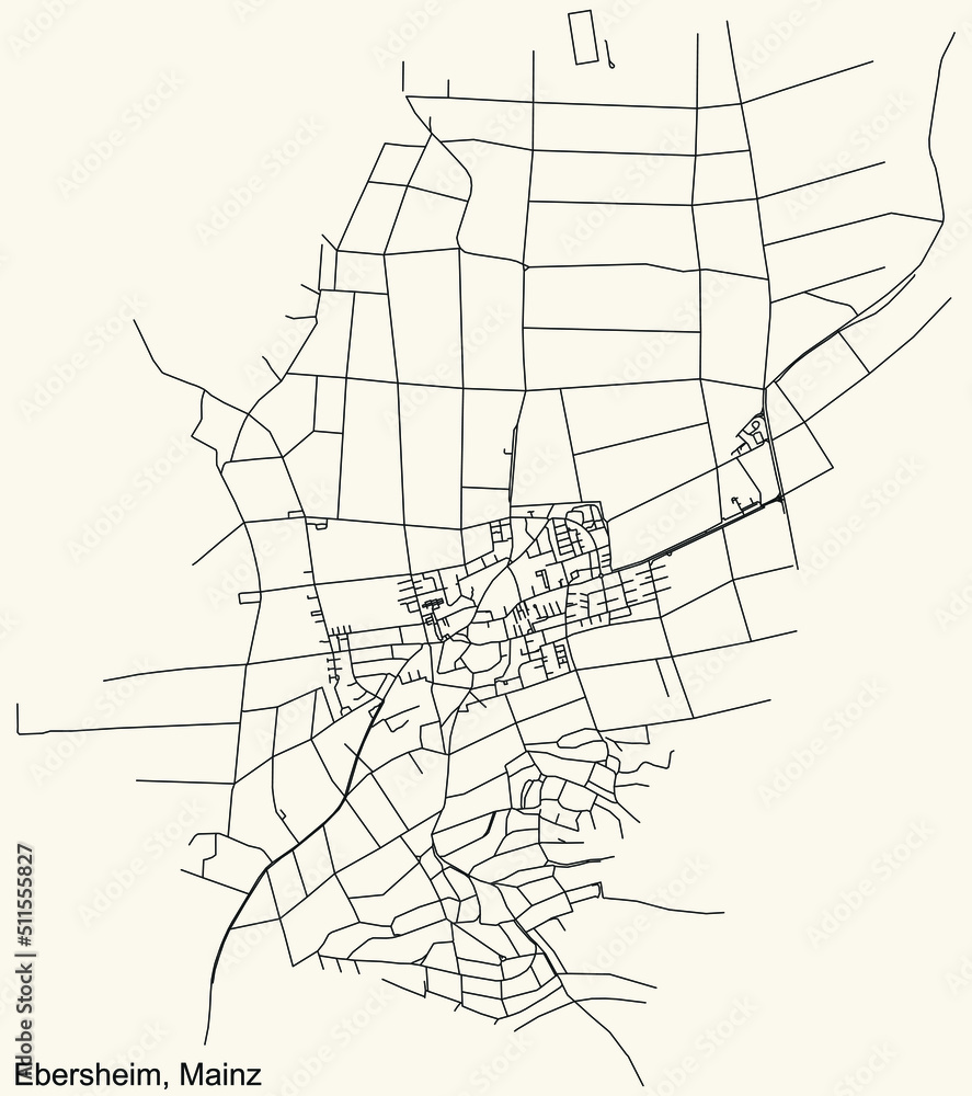 Detailed navigation black lines urban street roads map of the EBERSHEIM DISTRICT of the German regional capital city of Mainz, Germany on vintage beige background