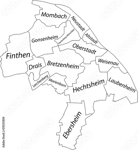 White flat vector administrative map of MAINZ, GERMANY with name tags and black border lines of its districts