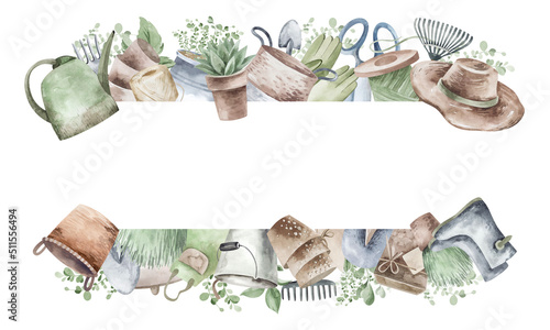 Farm frame illustration. Watercolor illustration of gardening hobby. Planting seedlings, plants. Gardening items. photo