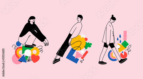 People in different poses and various geometric shapes. Outline characters, colorful abstract figures. Different mood, positions. Hand drawn Vector illustration. Person sitting, lying, walking