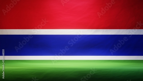 Studio backdrop with draped flag of Gambia for presentation or product display. 3D rendering