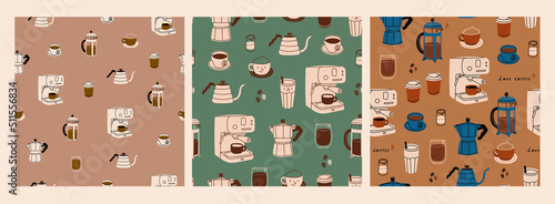Coffee brewing equipment. Various coffee elements. French press, coffee machine, cups, milk pitcher, moka, kettle. Coffee lovers theme. Hand drawn Vector illustration. Set of three seamless Patterns
