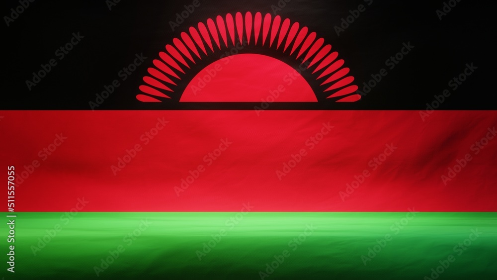Obraz premium Studio backdrop with draped flag of Malawi for presentation or product display. 3D rendering