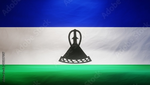 Studio backdrop with draped flag of Lesotho for presentation or product display. 3D rendering