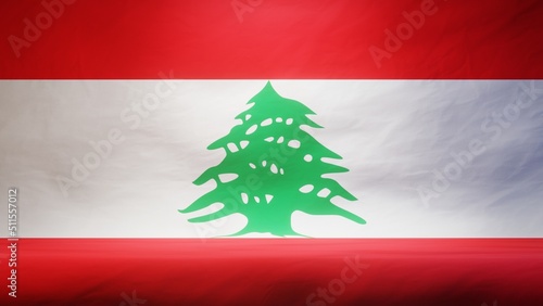 Studio backdrop with draped flag of Lebanon for presentation or product display. 3D rendering