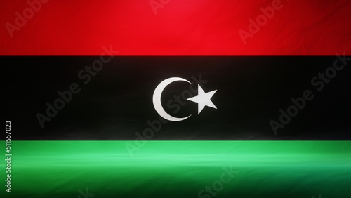 Studio backdrop with draped flag of Libya for presentation or product display. 3D rendering