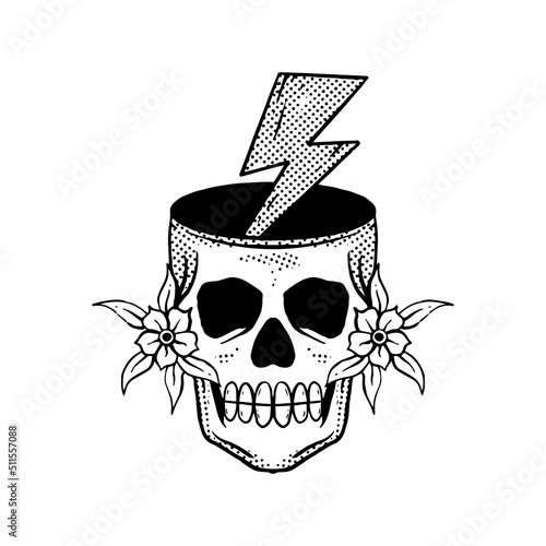 black white lightning flower skull doodle illustration for sticker tattoo poster t-shirt design etc