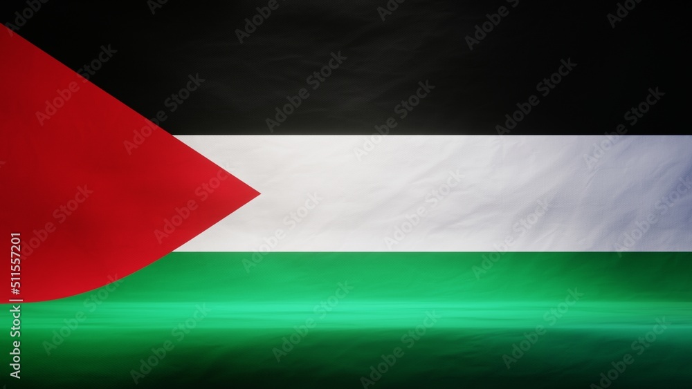 Fototapeta premium Studio backdrop with draped flag of Palestine for presentation or product display. 3D rendering