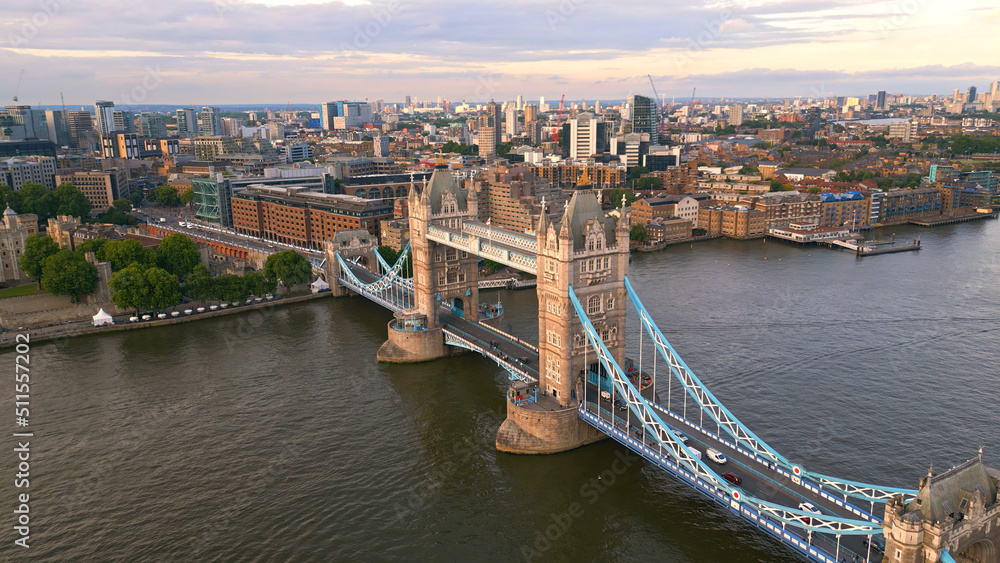 Aerial view over Tower Bridge and River Thames in London at sunset