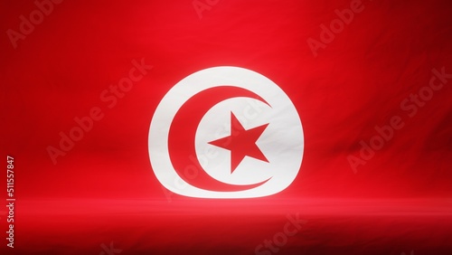 Studio backdrop with draped flag of Tunisia for presentation or product display. 3D rendering