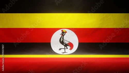 Studio backdrop with draped flag of Uganda for presentation or product display. 3D rendering