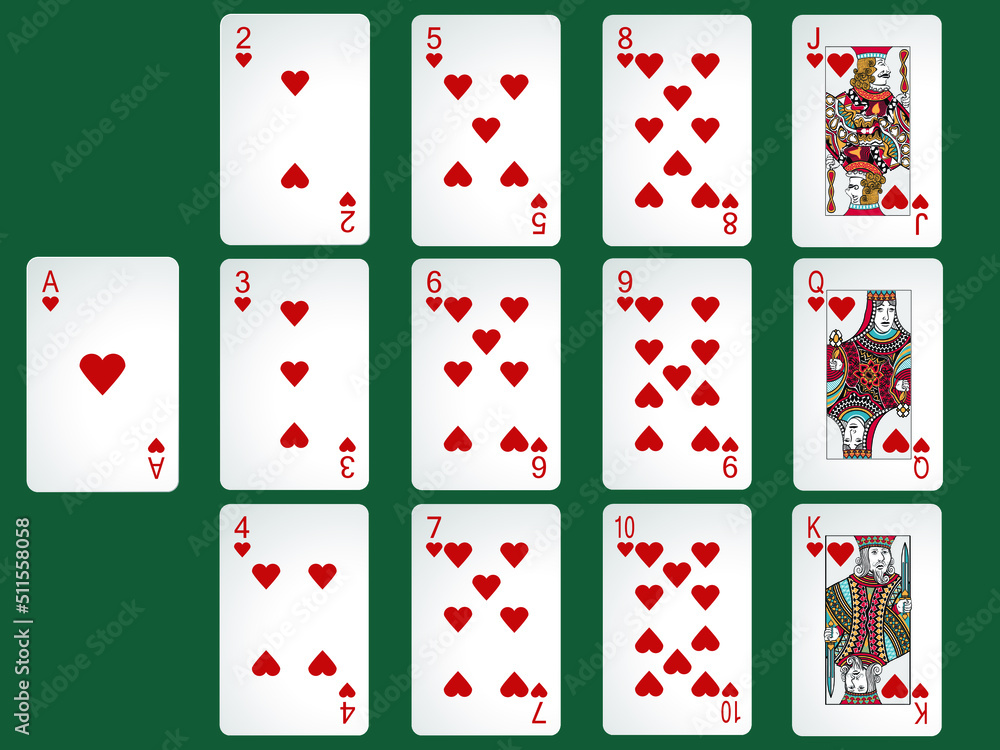 Vector poker cards red hearts shades deck for graphic design sports cards card game gambling Vector poker cards red hearts shades deck for graphic design sports cards card game gambling