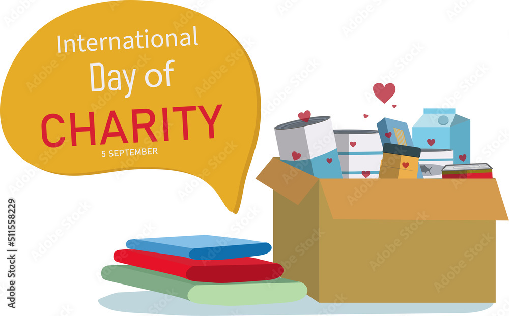 International day of charity design of poster. vector illustration of Donations in cardboard boxes. September 5. copy space International day of charity design of poster. vector illustration of Donations in cardboard boxes. September 5. copy space