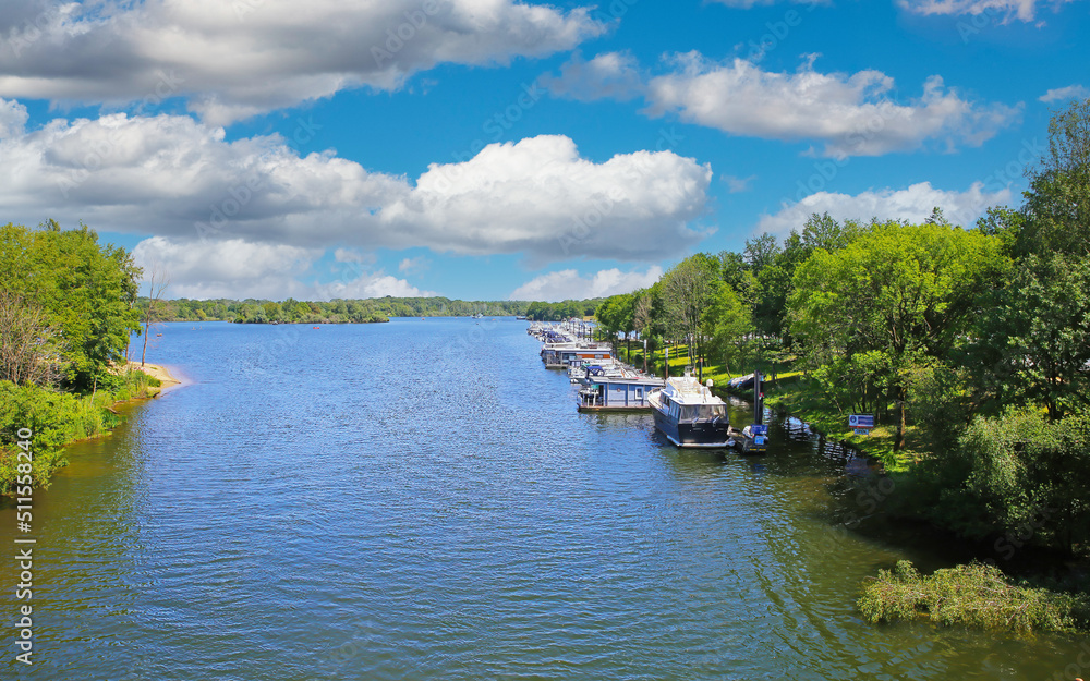 Fototapeta premium Beautiful scenic dutch lake, yacht harbour, green forest, blue summer sky - Leukermeer, Netherlands