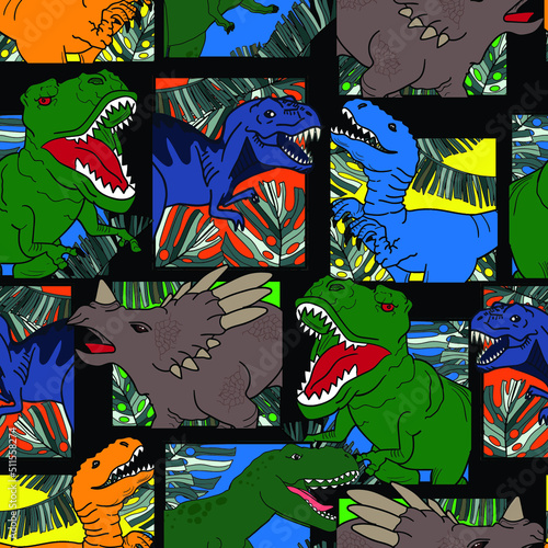 Seamless  bright Dino pattern, print for T-shirts, textiles, wrapping paper, web. Original design with t-rex, dinosaur.  grunge design for boys and girls