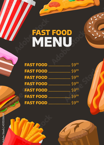 Fast food menu template on black background in cartoon vector style. Restaurant menu template. Cafe price list. Pizza, burger, donut, muffin, soda, hot dog, french fries, cake. 