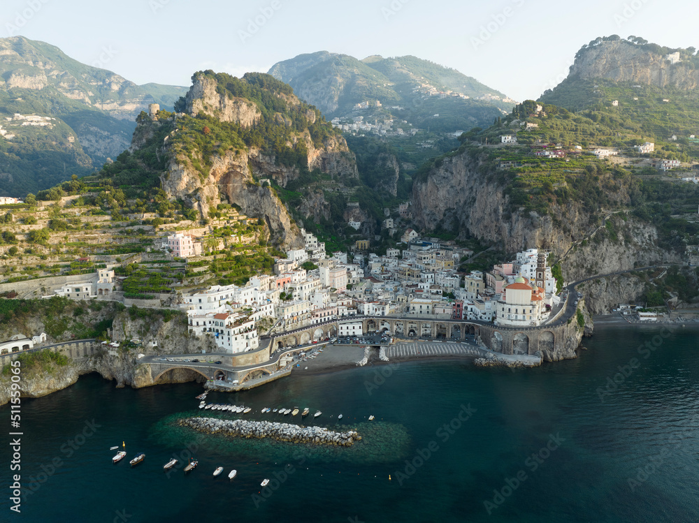 View from above, stunning aerial view of the village of Atrani. Atrani is a city and comune on the Amalfi Coast in the province of Salerno in the Campania region of south-western Italy.