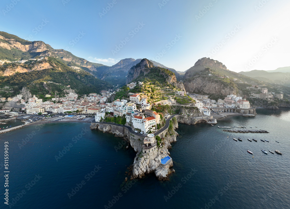 View from above, stunning panoramic view of the villages of Amalfi and Atrani. Amalfi and Atrani are two cities on the Amalfi Coast in the province of Salerno in the Campania region of south Italy.