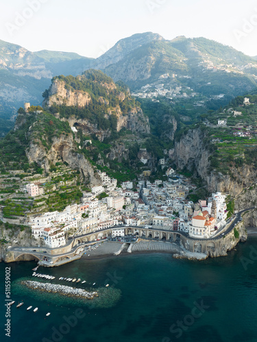 View from above, stunning aerial view of the village of Atrani. Atrani is a city and comune on the Amalfi Coast in the province of Salerno in the Campania region of south-western Italy.