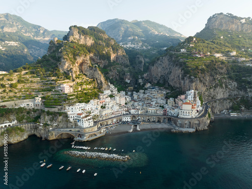 Obraz na płótnie View from above, stunning aerial view of the village of Atrani. Atrani is a city and comune on the Amalfi Coast in the province of Salerno in the Campania region of south-western Italy. w salonie