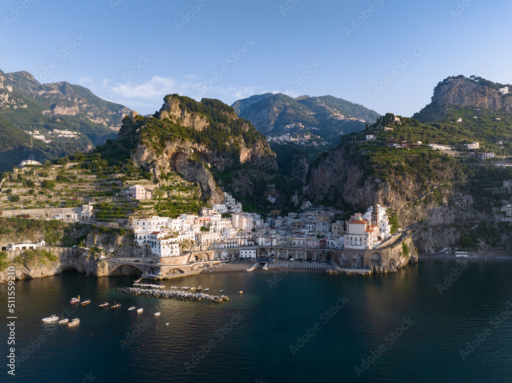 View from above, stunning aerial view of the village of Atrani. Atrani is a city and comune on the Amalfi Coast in the province of Salerno in the Campania region of south-western Italy.