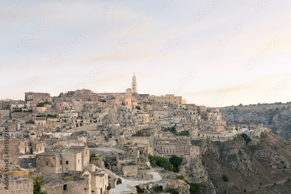 Stunning view of the village of Matera during a beautiful sunrise. Matera is a city on a rocky outcrop in the region of Basilicata, in southern Italy.