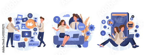 People using various opportunities of online communication. Set vector illustration with cartoon characters browsing shop page and analyzing data in social media and communicating with support agent