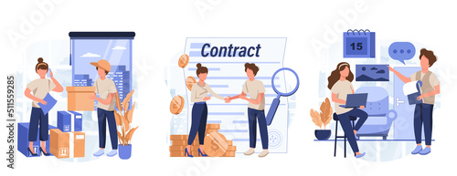 Successful entrepreneurship isolated cartoon vector illustrations set. Searching for corporate a workplace, signing contracts, business agreement, moving to a new office, co working vector cartoon.