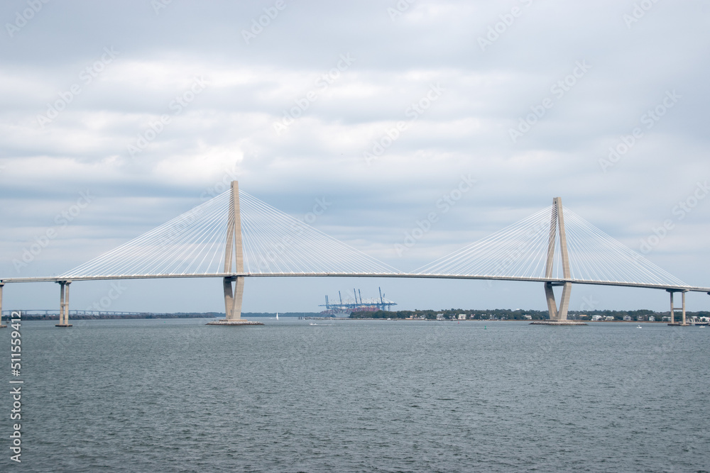 The Ravenel Bridge during a cloudy day over the Cooper River in Charleston, South Carolina