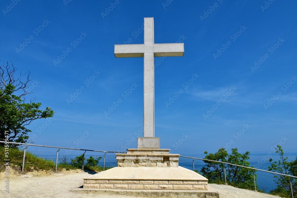 View of Strunjan cross and the Adriatic sea behind View of Strunjan cross and the Adriatic sea behind