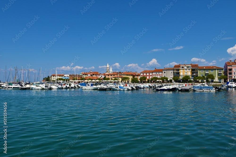 Izola, Slovenia - May 10 2022: Harbour and the town of Izola in Istria, Slovenia