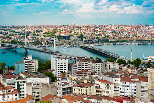 Panoramic view of Istanbul and the Bosphorus Strait metro bridge and Ataturk Bridge High quality close-up photo