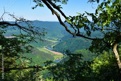 Scenic view of Kolpa river valley and surrounding hill covered in forest in Dolenjska, Slovenia framed by tree branches photo