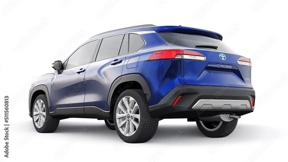 Tokyo, Japan. April 19, 2022: Toyota Corolla Cross 2020. Compact SUV blue  with a hybrid engine