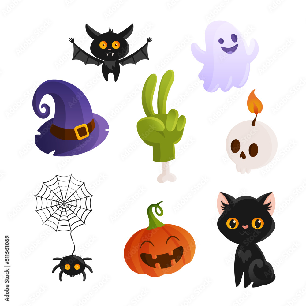 Cute halloween set with characters and decorations Cute halloween set with characters and decorations