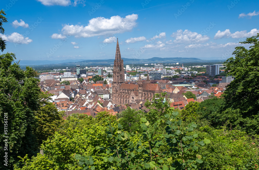 Overview of the Munster Cathedral of Our Lady and the city of Freiburg. Baden Wuerttemberg, Germany, Europe