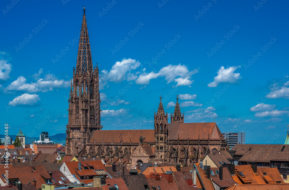 View over the roofs of the old town with Freiburg Cathedral, Freiburg im Breisgau, Baden-Wuerttemberg, Germany