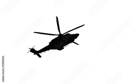 Side view from the bottom up at a silhouette of a flying AW139 helicopter, photo edited to silhouette 
