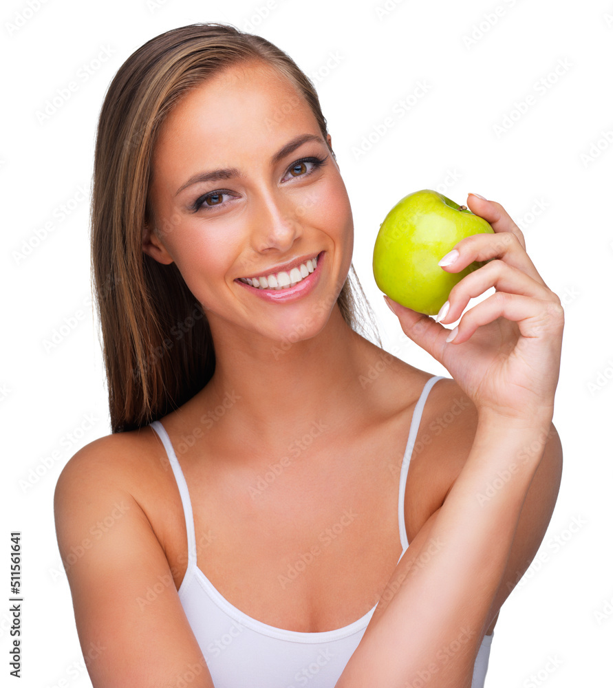 Packed with taste and nutrition. A young woman smiling while she holds an apple - isolated. Packed with taste and nutrition. A young woman smiling while she holds an apple - isolated.