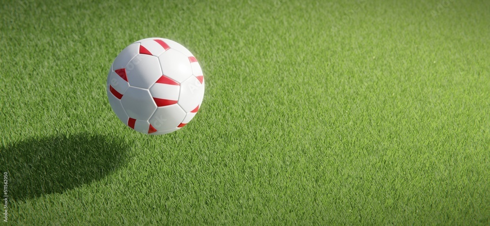 Naklejka premium Football or soccer ball design with flag of Peru against grass pitch backdrop. 3D rendering