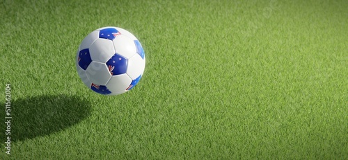 Football or soccer ball design with flag of New Zealand against grass pitch backdrop. 3D rendering