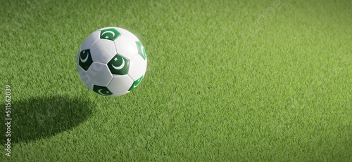 Football or soccer ball design with flag of Pakistan against grass pitch backdrop. 3D rendering