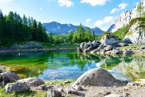 Scenic view of Double lake or Dvojno jezero in Triglav lakes valley in Julian alps and Triglav national park photo