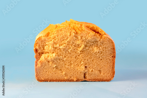 Corn bread. Homemade cornmeal bread on a blue background .Top view photo