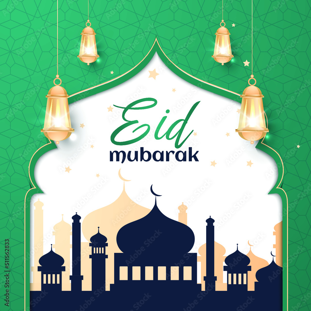 Eid Mubarak Islamic background banner illustration with mosque, moon, and patter