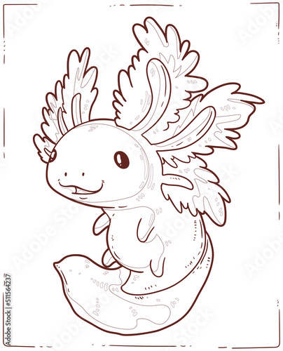 Axolotl, a Coloring Sheet. Cartoon outline picture of playful baby axolotl. A colouring book page. Contour illustration for children preschool education. Interesting home activity for kids. © Kyyybic