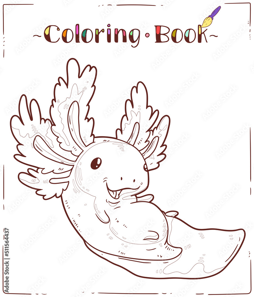 Fototapeta premium Axolotl, a Coloring Sheet. Cartoon outline picture of playful baby axolotl. A colouring book page. Contour illustration for children preschool education. Interesting home activity for kids.