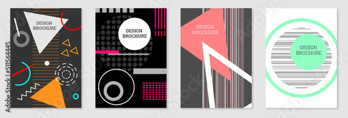 Set of cover design in Memphis style. Geometric design, abstract background. Fashionable bright cover, banner, poster, booklet. Creative colors.